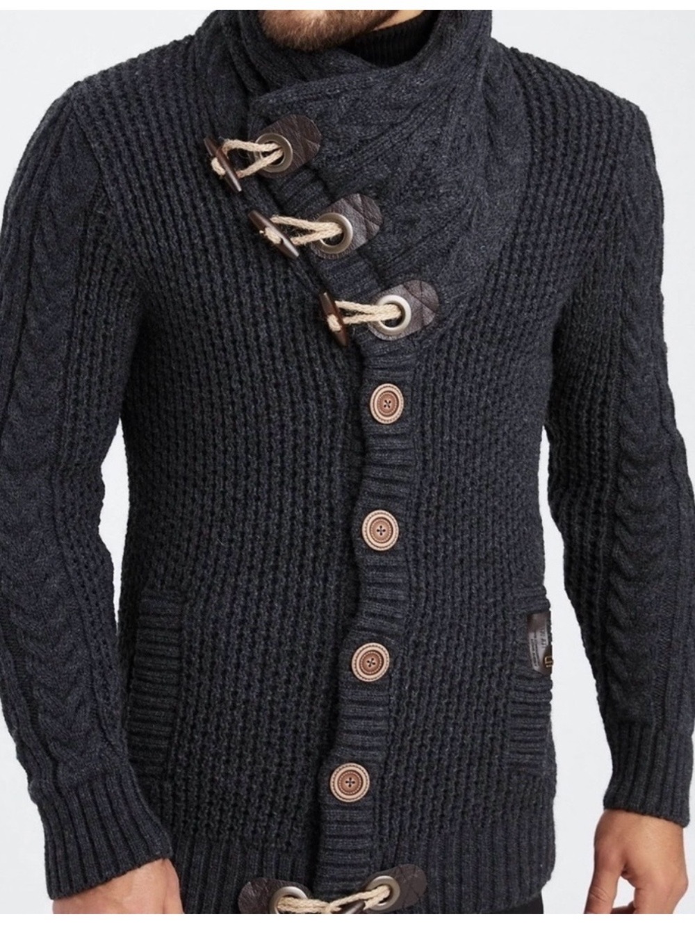 NWT Leif Nelson Men's Dark Gray Cable Knit Toggle Cardigan Shawl Turtleneck L
